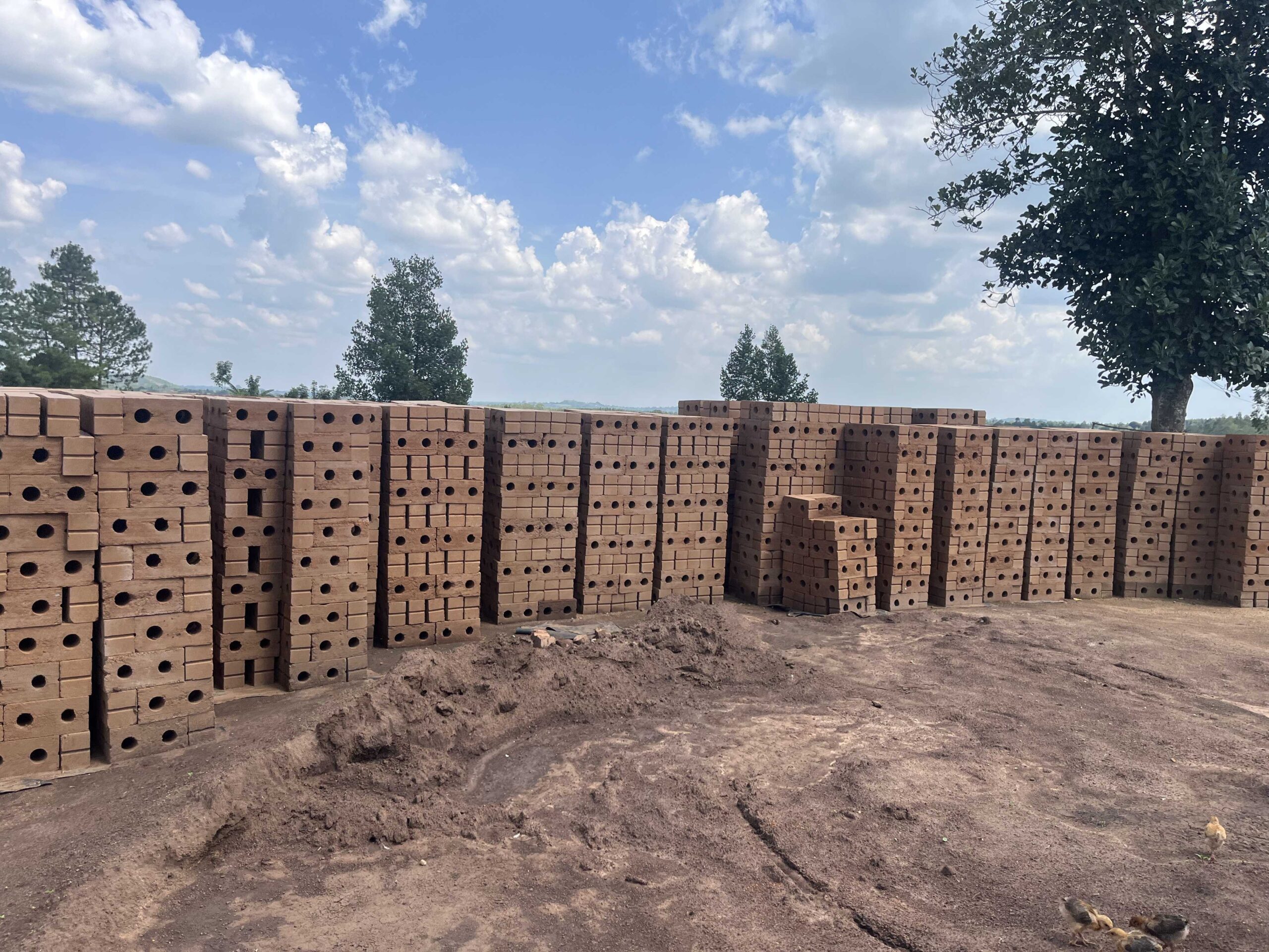 A close-up view of interconnected dark green building blocks with cylindrical connectors, arranged in diagonal rows, creating a repetitive and geometric pattern.